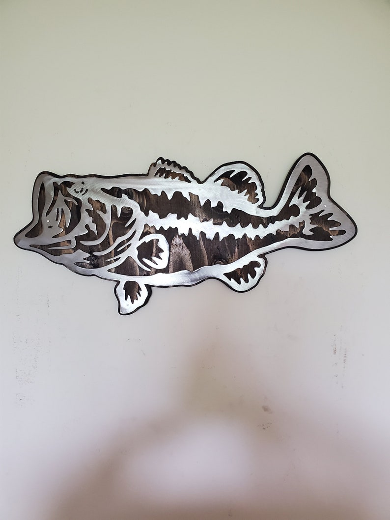 LARGE MOUTH BASS fish metal art on wood metal art wall decor Etsy