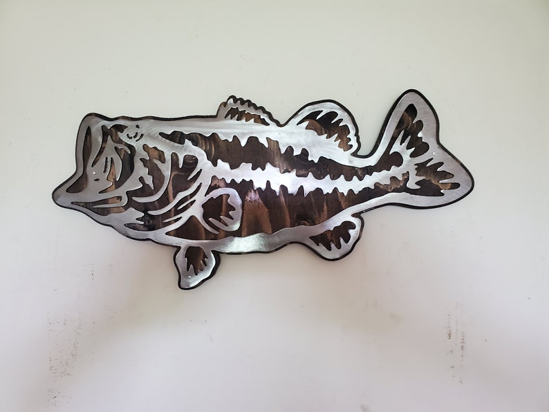 LARGE MOUTH BASS fish metal art on wood metal art wall decor Etsy