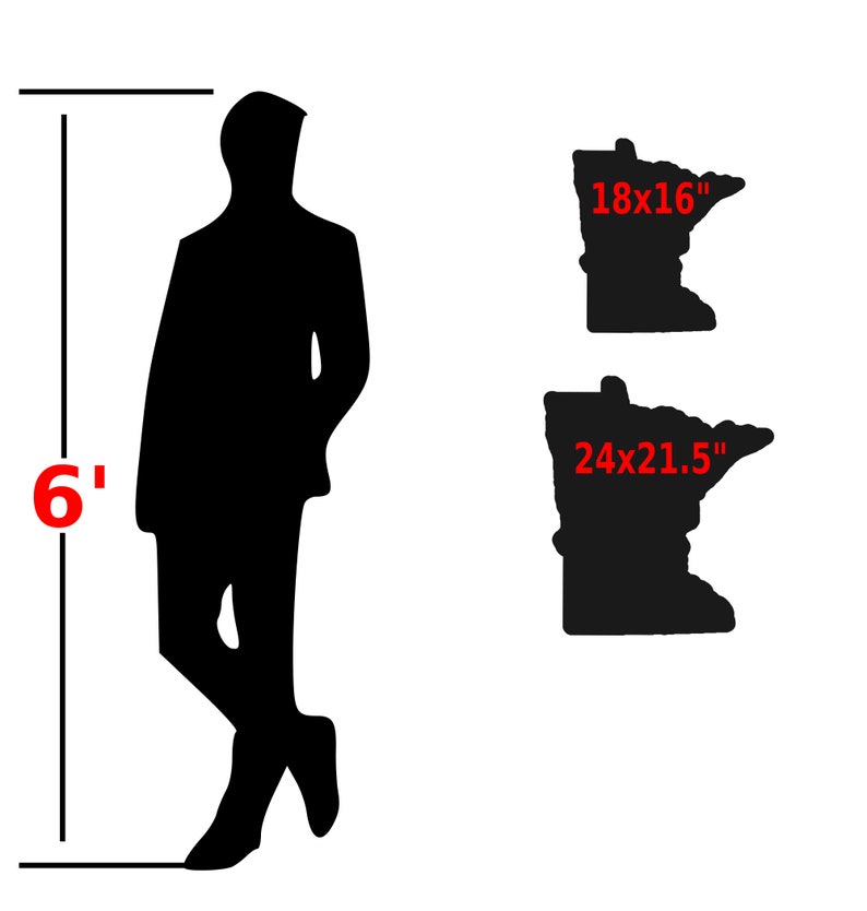 K&ouml;nnte beinhalten: Eine Silhouette einer Person, die neben zwei schwarzen Umrissen des Bundesstaates Minnesota steht. Die Umrisse sind mit den Ma&szlig;en 18x16 Zoll und 24x21,5 Zoll beschriftet.
