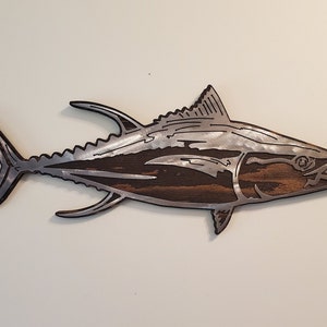 Tuna Fish Metal Art on Wood: Lake House Cabin Decor