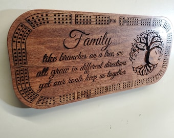 Family tree Cribbage Board   Custom made Cribbage Board  Made in USA    Solid Wood Cribbage Cabin Sign 3d carved