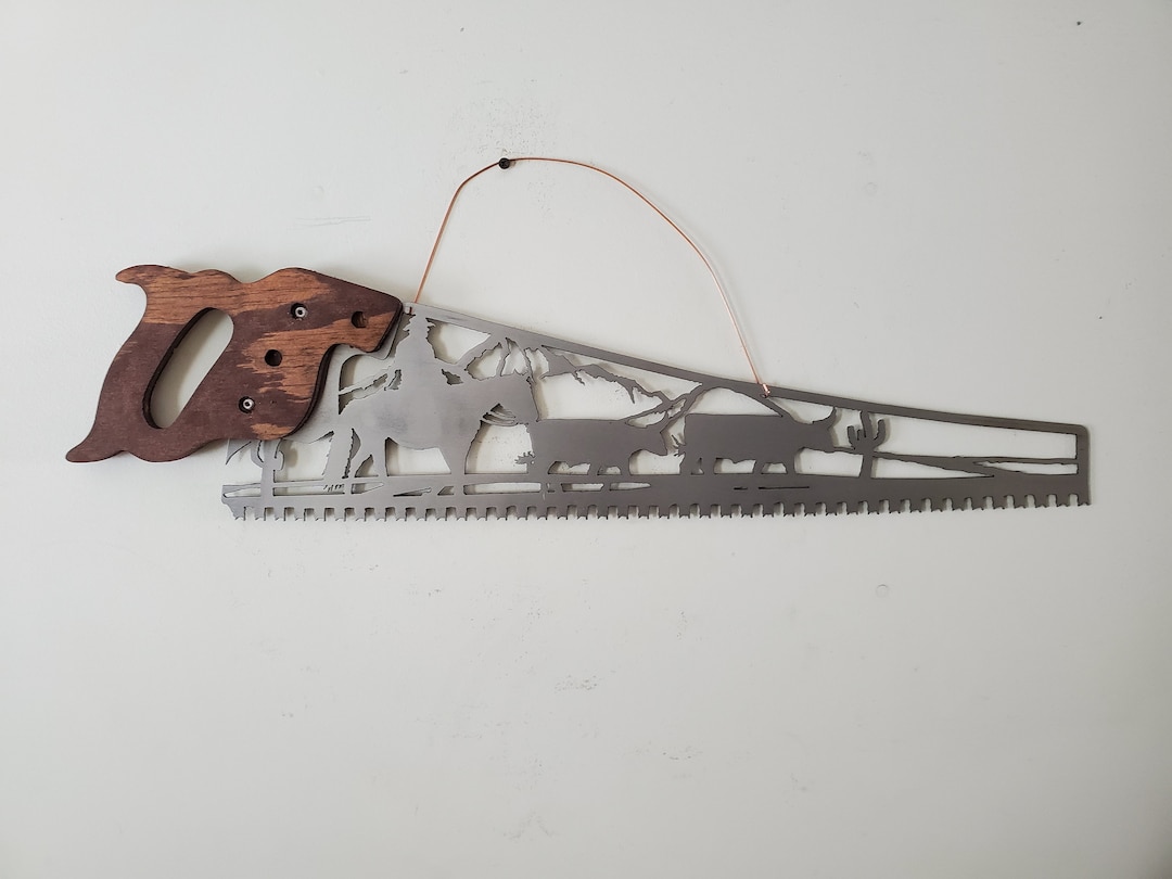 Cowboy Scene Wood Saw Horse and Cows Lumberjack Handsaw Metal Art Wall