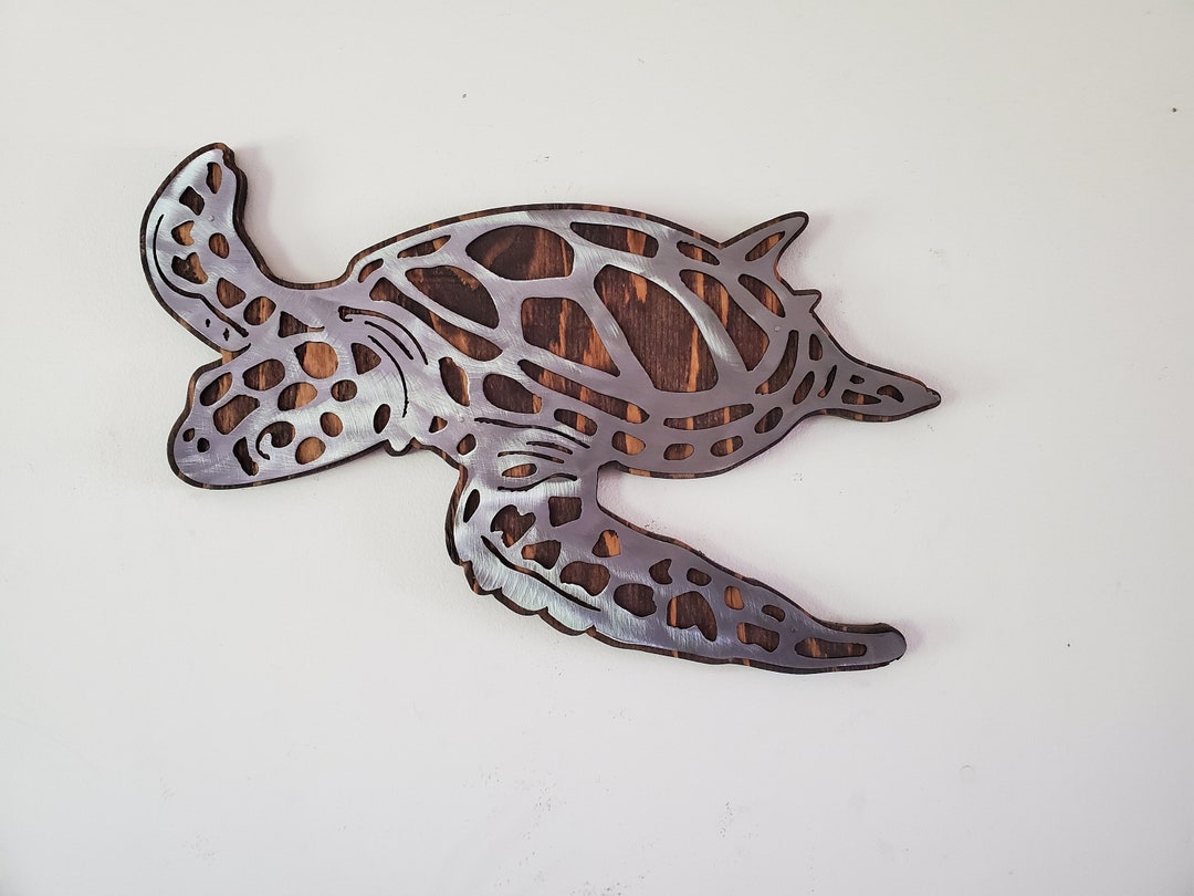 Sea Turtle Wall Decor Metal Art on Wood Made in USA Marine Turtle Wall