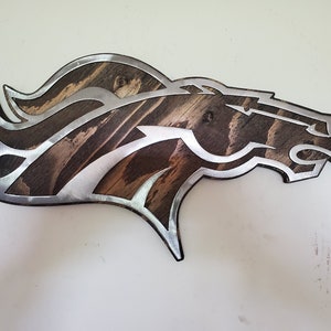 Denver Broncos Tribute | Metal Art on Wood | Rustic Football Wall Sign | Football Gift Metal Wall Decor | Made in USA