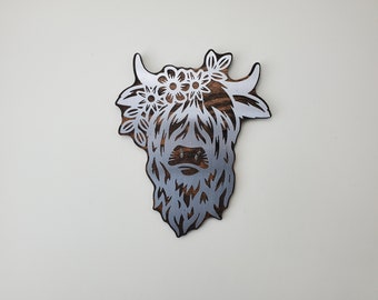 Rustic Highland Cow Flowers Metal Wall Hanging | Scottish Hairy Cow Home Decor