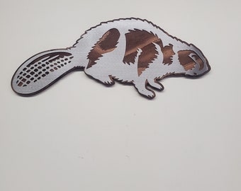 Beaver or Woodchuck scene | Metal art on Wood | Made in USA | rustic cabin wall art beaver v1