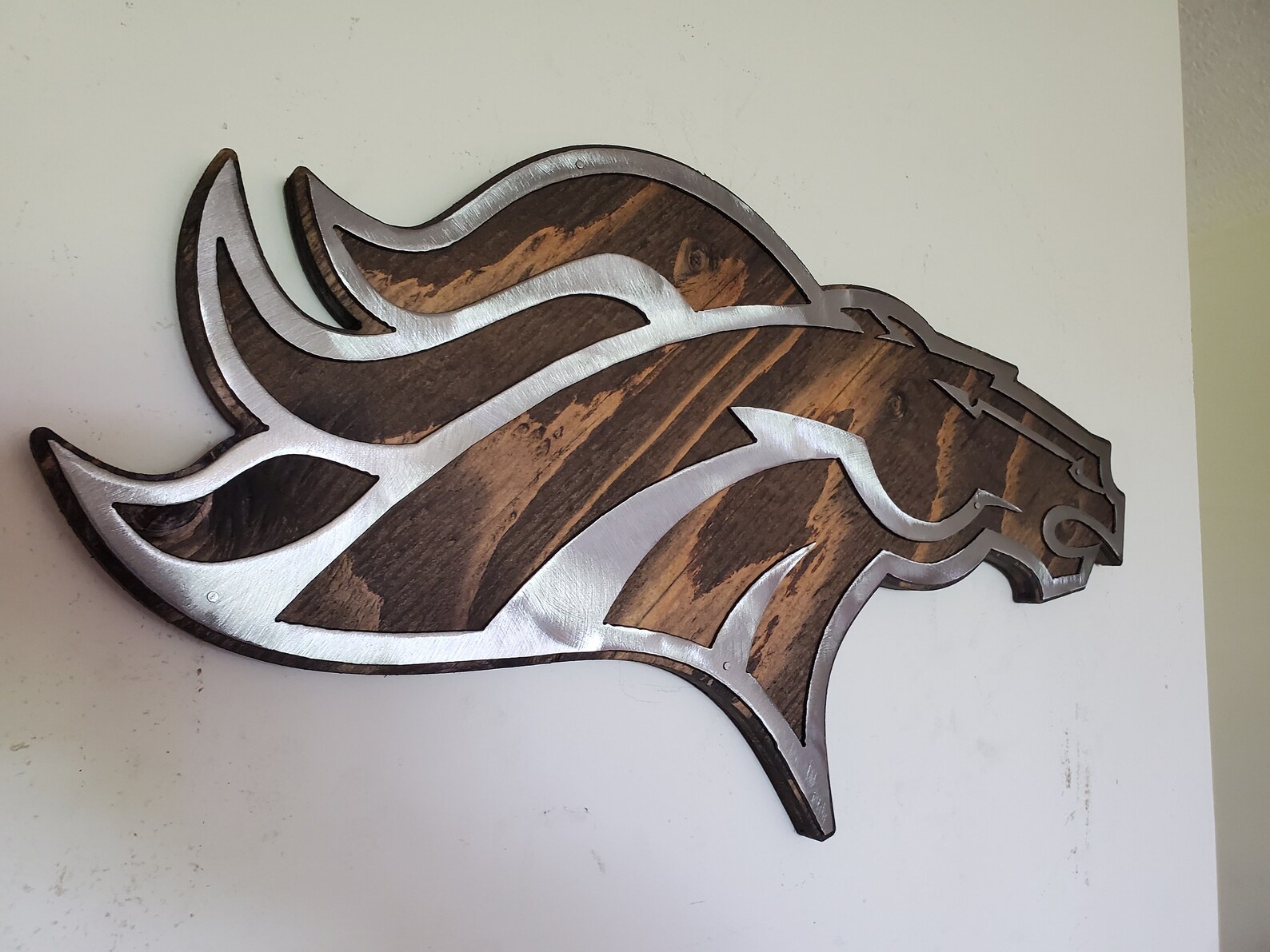 Denver Broncos tribute metal art on wood football rustic wall Etsy