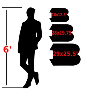 A size reference graphic with a standing human silhouette beside three smaller outlines of the angular emblem in different sizes.