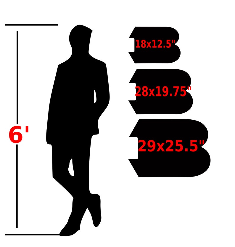 A size reference graphic with a standing human silhouette beside three smaller outlines of the angular emblem in different sizes.