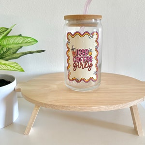Iced Coffee Glass Cup, Drinking Glasses, Bamboo Lid And Straw, Retro Glass Cup, Cute Glass Cup, Aesthetic Gift,