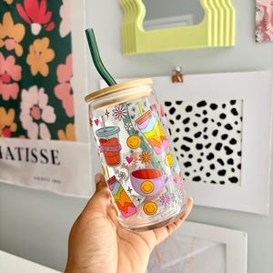 Retro Glass Beer Can, Iced Coffee Glass, Retro Flower Iced Coffee Cup, Daisy Glass Cup, Iced Coffee Cup, Reusable Cup, Glass Cup