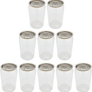 May include: Ten clear plastic cans with silver lids. The cans are empty and ready to be filled with your favorite beverage.