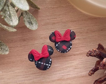 Magic Mouse Black and Red Plaid Christmas Earrings with Big Red Bow | Classic Mouse Christmas Studs | Plaid Minnie Earrings with Big Red Bow