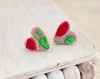 Pink Watermelon Heart-Shaped Summer Earring Studs | Fun Summer Picnic Earrings