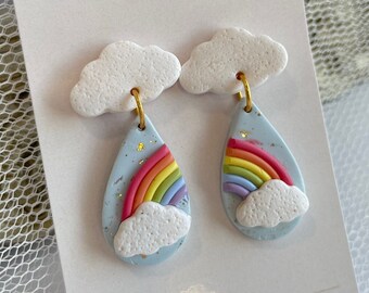 Rainbow Earrings | Rainbow in the Clouds | Raindrop Rainbows | Dangle Earrings | Clay earrings | Sky blue Earrings