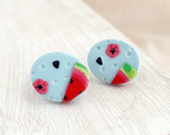 Watermelon Summer Earring Studs On Shimmery Blue Polk-a-dot texture | Playful Oval Summer Picnic Earrings