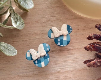 Magic Mouse Teal Plaid Christmas Earrings with Big Cream Bow | Classic Mouse Christmas Earring Studs | Plaid Minnie Earrings with Cream Bow