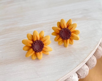 Golden Sunflower Stud Earrings for Fall Autumn Season | Sunflower Studs with Green Leaf Backs | Hypoallergenic Fall Sunflower Stud Earrings