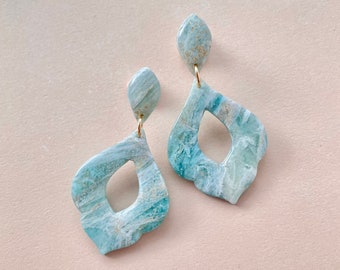 Ocean Wave Earrings | Teal Studded Dangles | Teal Stone Look Earrings | Clay Earrings Handmade | Statement Earrings | Marble Earrings