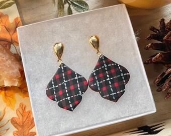 Red Black and White Plaid Earrings for TV Fandom | Luke Danes Plaid Shirt Inspired Earrings | Classic Plaid Christmas Earrings | Gold Plated