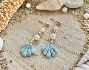 Blue Seashell Earrings | Seashell Pearl Earrings | Nautical Earrings | Summer Earrings | Seashell Beach Earrings | Bridal Shower Earrings