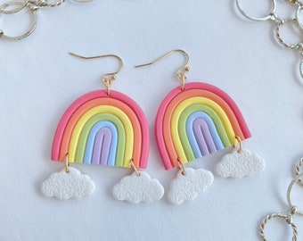 Pendientes Arco Iris / Pendientes Arco Iris con Nubes / Pendientes Arco Iris Pastel / Pendientes Colgantes / Pendientes de Arcilla / Pendientes Arco Iris Nube