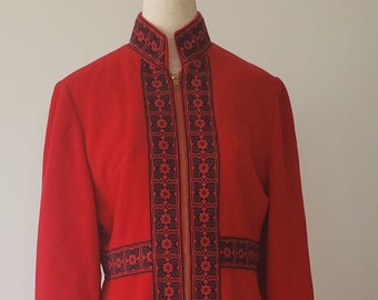 Bohemina 1870's Red Wool Coat with Black Embroidered Trim Hippy Fashion Size Small