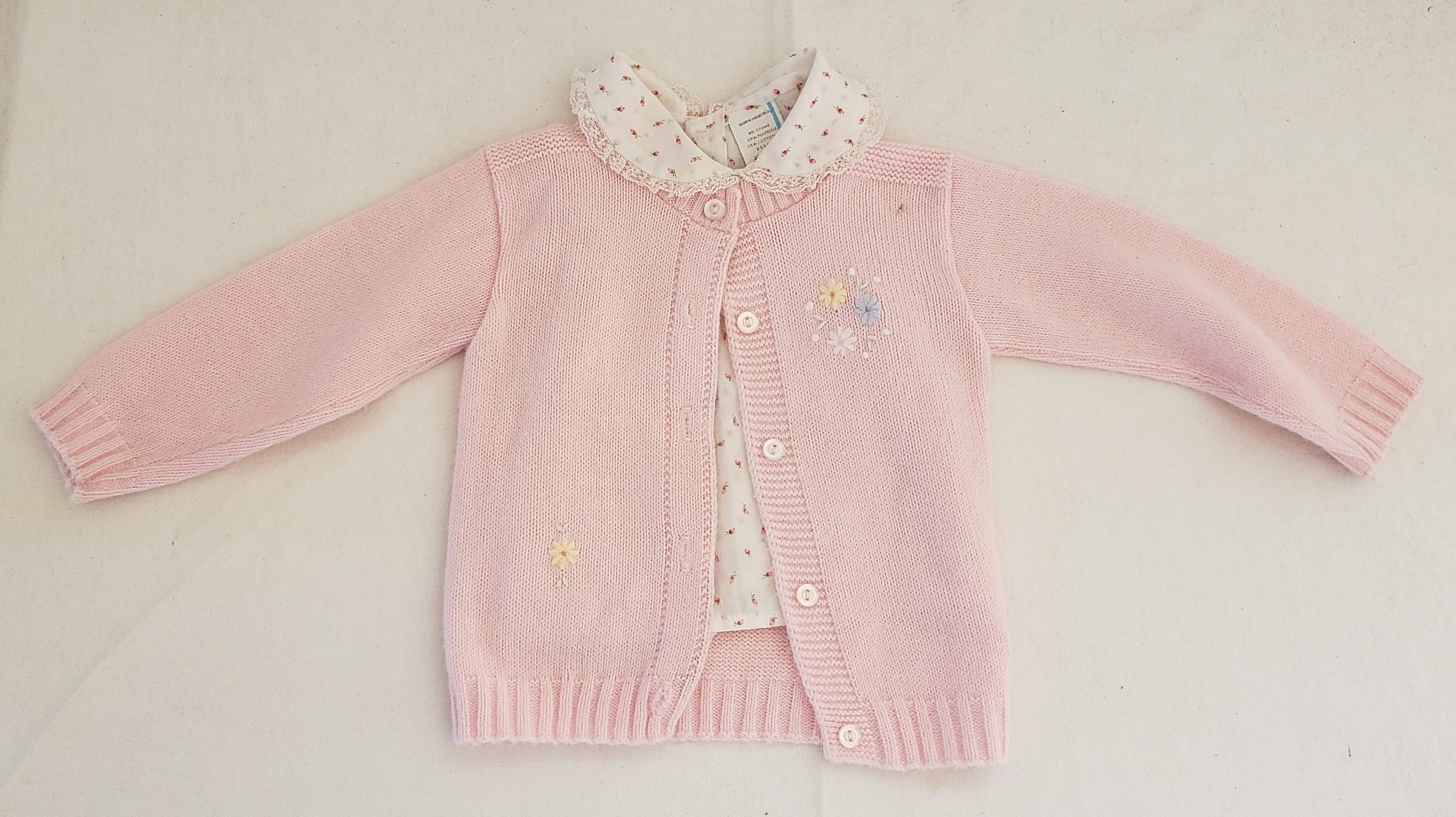Vintage 1970's Baby Pink Cardigan Sweater and Rosebuds Blouse Set, Size 18 Months