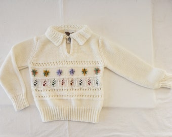 Beautiful Pullover Sweater, Ivory with Knitted Details and Embroidered Flowers, 1980’s  Vintage for Child