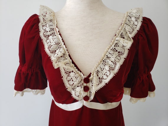 Vintage 1970’s Cranberry Red Velvet, Ivory Lace E… - image 1