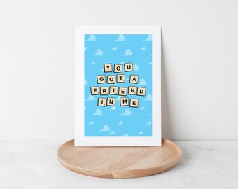 Toy Story Scrabble-afdruk | 4x6 print met 5x7 mat | Disney geïnspireerde muurprint | Kleine lettertjes voor bureau, bijzettafel of boekenplank | Geschenk