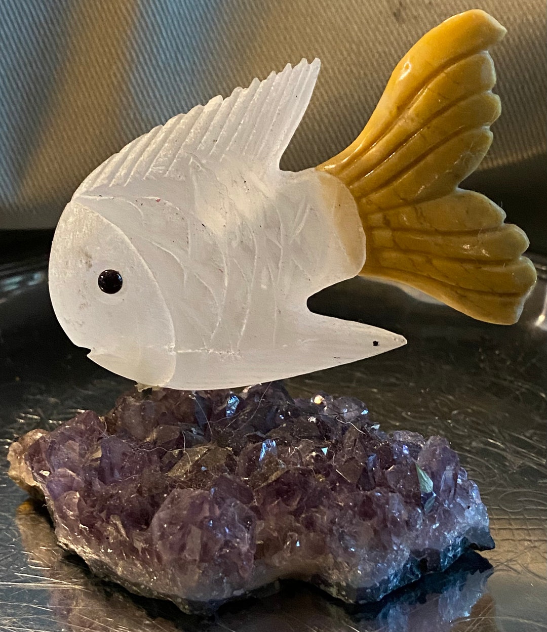 Vintage Hand Carved Quartz and Jade Fish on Amethyst Base - Etsy
