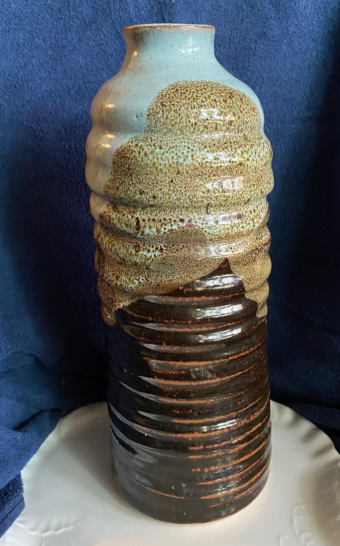 Vintage 12 Inch Hand Thrown Stoneware Drip Glaze Combination Vase ...