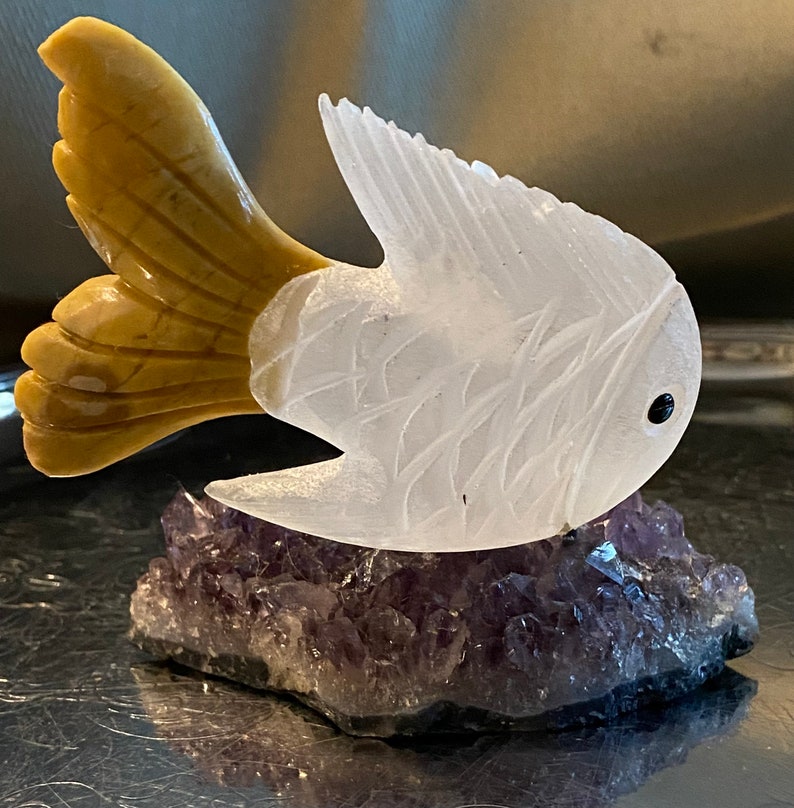 Vintage Hand Carved Quartz and Jade Fish on Amethyst Base - Etsy