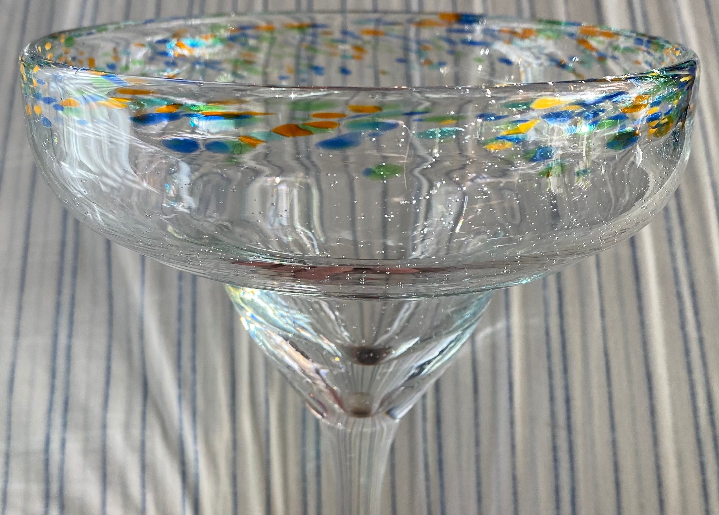 Dos Sueños Mexican Hand Blown Glass – Set of 4 Hand Blown Margarita Glasses (16 oz) with Aqua Blue Rims