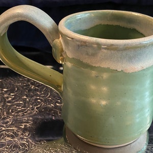 Vintage handmade stoneware green & blue drip glaze 12 ounce mug