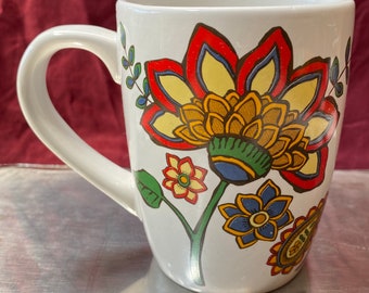 vintage 14 onces en grès folk art folk imprimé imprimé mug