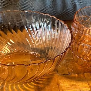 Vintage Rosaline Pink swirl optic 9 inch salad & nappy bowls by Cristal D’Arques-Durand Arcoroc France