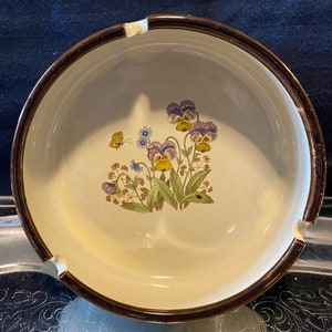 Vintage glazed stoneware floral print Mid Century ashtray