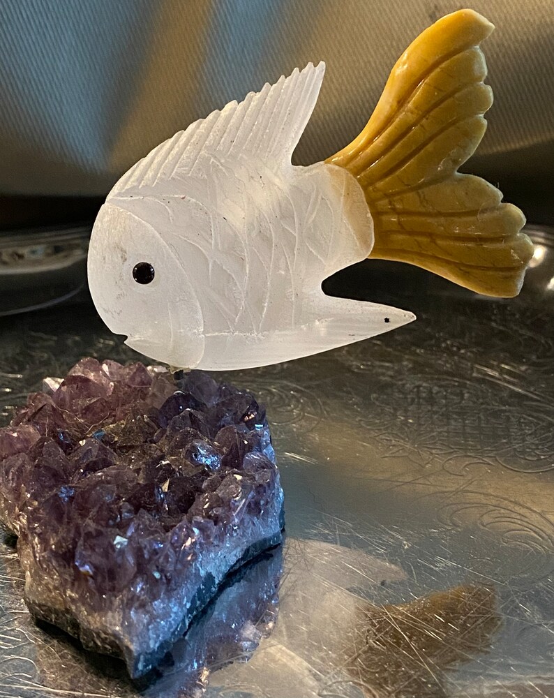 Vintage Hand Carved Quartz and Jade Fish on Amethyst Base - Etsy