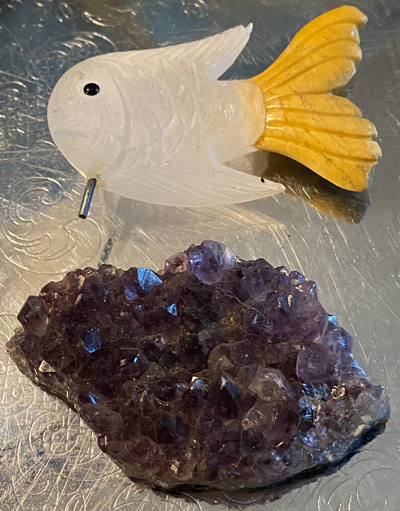 Vintage Hand Carved Quartz and Jade Fish on Amethyst Base - Etsy