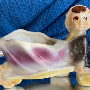 Vintage Shawnee Pottery Pixie Elf with wheelbarrow mini planter