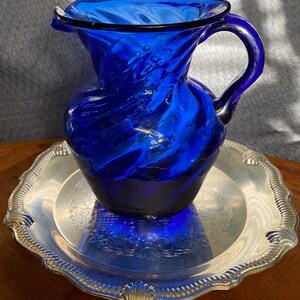 Vintage hand blown swirled ribbed cobalt optical glass creamer pitcher