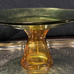 Vintage 10 inch recycled green glass pedestal cake plate with peach carnival glass base