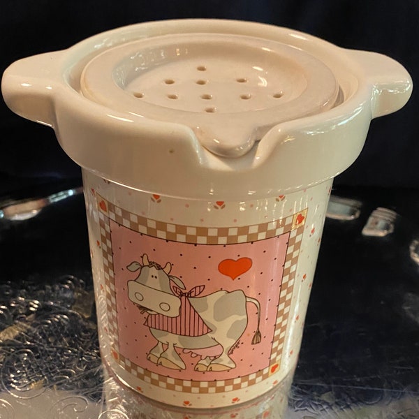 Vintage George Good by Fabrizio pink country cow 16 ounce stoneware bacon grease keeper with strainer lid