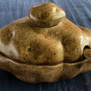 Vintage ceramic potato shaped covered dish with matching ceramic ladle