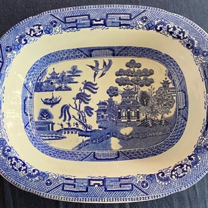 Antique Blue Willow 9 inch rectangular transfer ware serving dish by W. Ridgway & Co.
