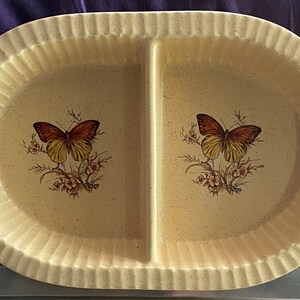 Vintage oval Treasure Craft divided stoneware baking dish with butterflies No. 870