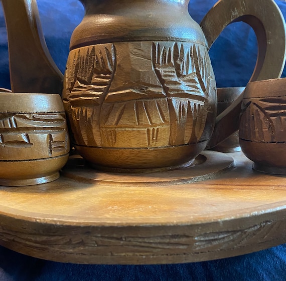 Hand Carved Wooden Tea Set W/ Lazy Susan - Etsy