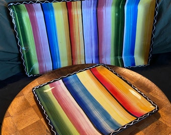 Vintage Certified International Dining Serape pattern 18” serving tray & 10” square plate open stock